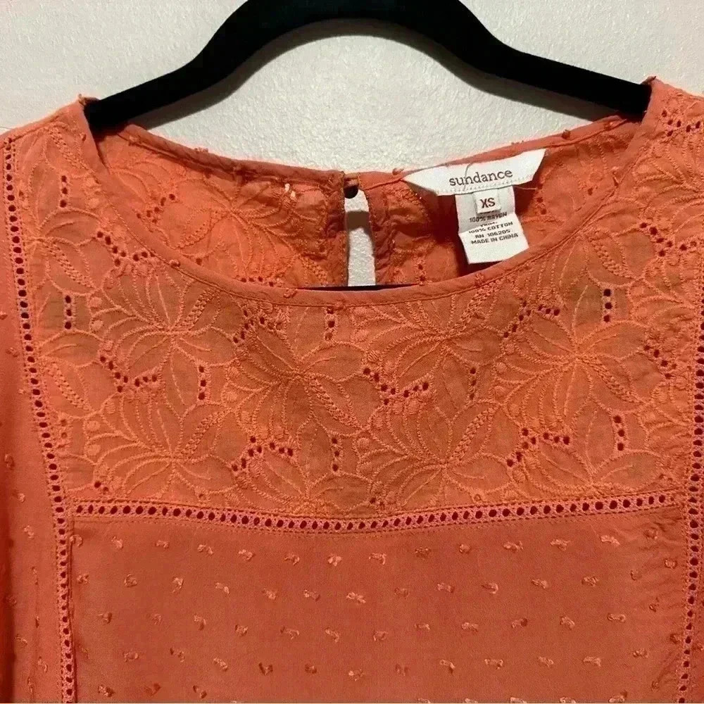 Sundance Susannah Blouse Size XS Orange/Coral Ruffle Swiss Dot Eyelet - Picture 4 of 9